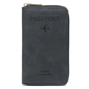 Portafoglio da viaggio nero in pelle con cerniera, design per passaporto, logo aereo inciso, ideale per organizzare documenti e carte.
