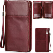 Portafoglio donna in pelle rossa con cerniera, tasche multiple e cinturino da polso. Elegante e spazioso, ideale per carte e contanti.