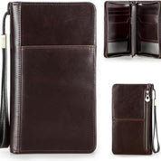 Portafoglio uomo in pelle marrone, design elegante con zip, scomparti multipli per carte e contanti, ideale per uso quotidiano e viaggi.