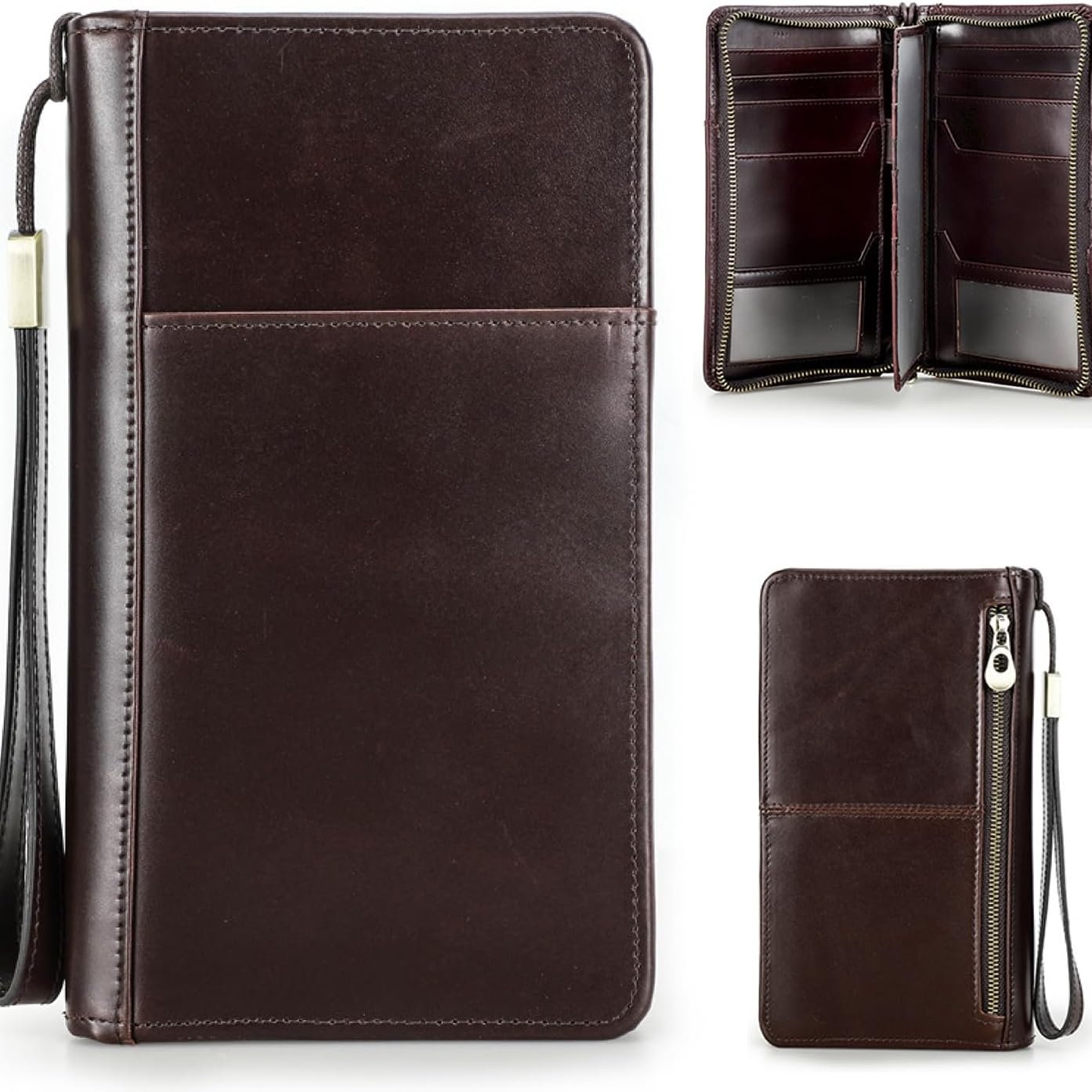 Portafoglio uomo in pelle marrone, design elegante con zip, scomparti multipli per carte e contanti, ideale per uso quotidiano e viaggi.