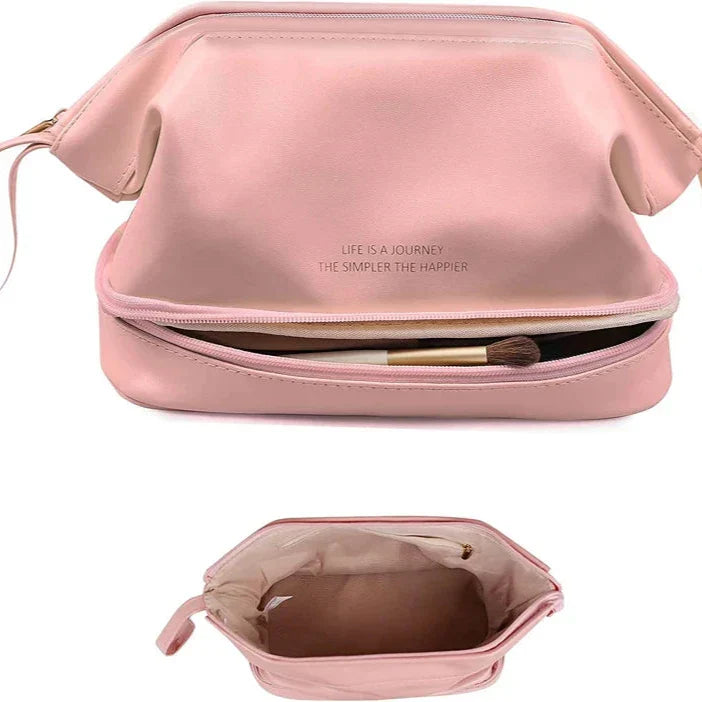 Borsa trucco rosa in pelle sintetica con cerniera, tasca interna, pennelli inclusi. Elegante e pratica per cosmetici.