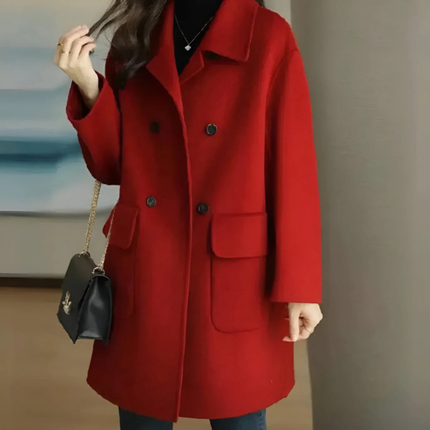 Marie | Damen Wollmantel Dame Zweireihiger Midi-Wintermantel mit Taschen 2