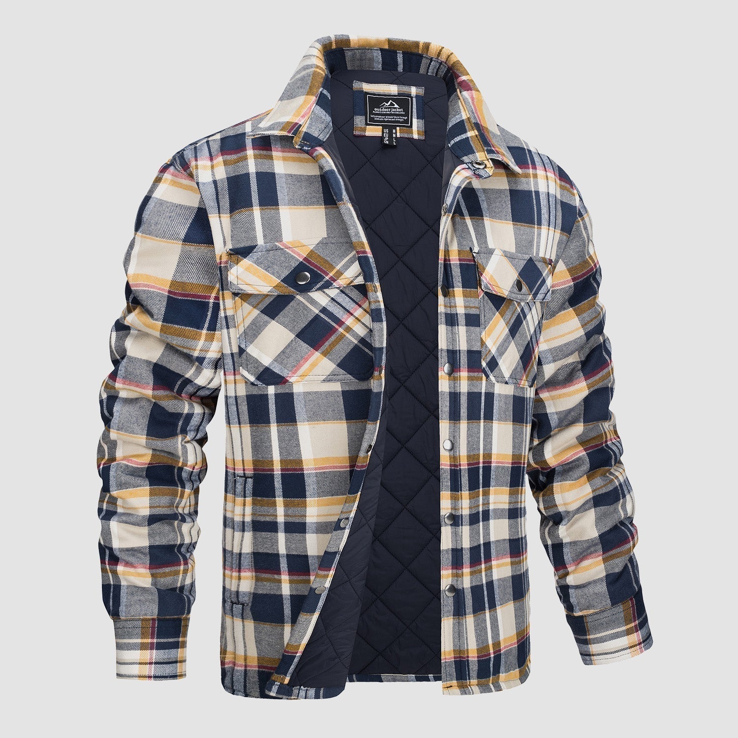 Camicia a quadri imbottita da uomo, blu e beige, con tasche frontali e fodera trapuntata. Ideale per l'inverno, stile casual e confortevole.