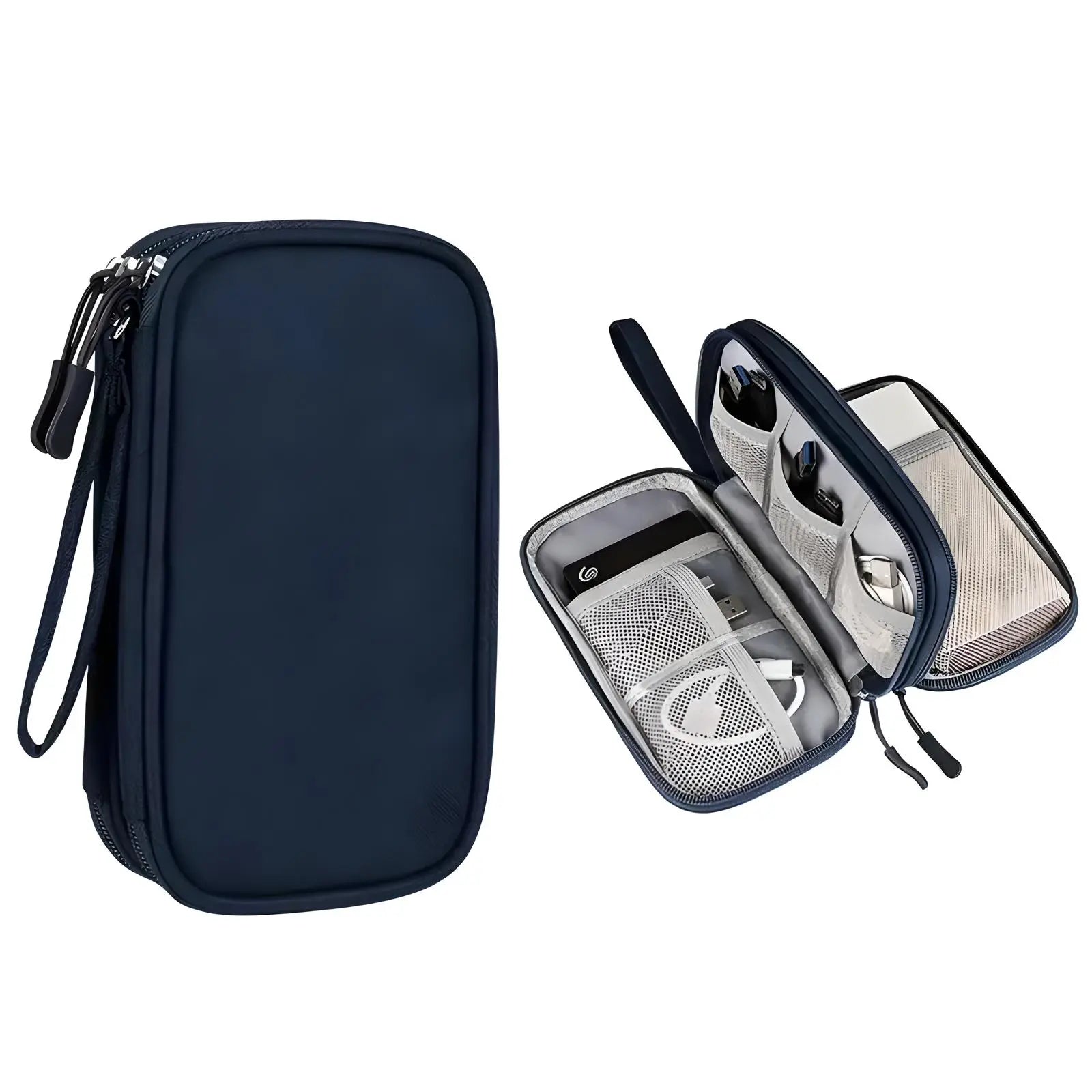 Custodia organizer blu per cavi e accessori elettronici, con scomparti interni a rete e cerniera. Ideale per viaggi e ufficio.