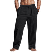 Pantaloni uomo neri in lino, stile casual, con elastico in vita e laccio regolabile. Ideali per look estivi e rilassati.