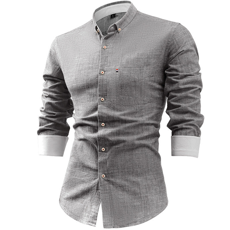 Camicia uomo grigia elegante, maniche lunghe, colletto button-down, tessuto leggero, ideale per ufficio e occasioni formali. Moda maschile.