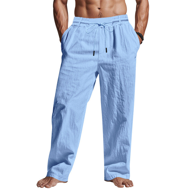Pantaloni uomo in lino azzurro, stile casual, con coulisse in vita. Ideali per l'estate, comodi e traspiranti. Perfetti per look rilassati.