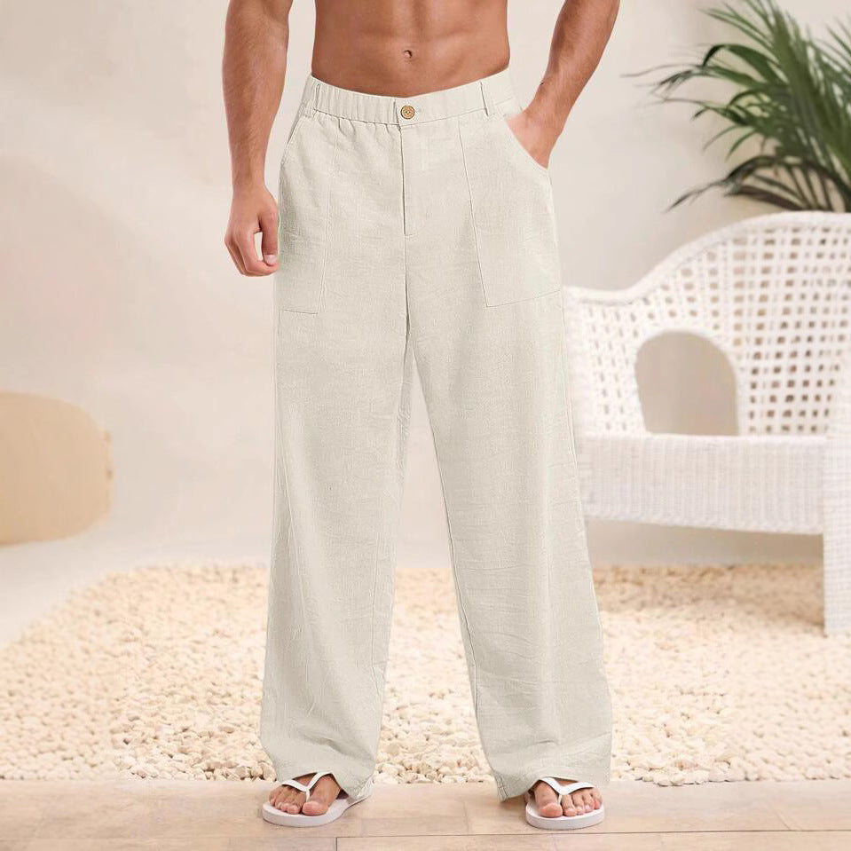 Pantaloni larghi in lino bianco da uomo, stile casual estivo, con tasche laterali. Perfetti per look rilassato in spiaggia o città.