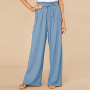 Pantaloni palazzo donna blu, vita alta con cintura, tessuto leggero, moda estiva casual, eleganti e comodi, perfetti per ogni occasione.