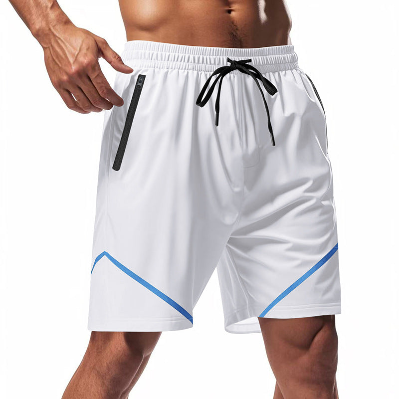 Pantaloncini sportivi bianchi da uomo con tasche con zip nere e dettagli blu, ideali per allenamento e fitness. Tessuto leggero e traspirante.