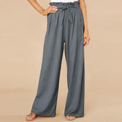 Pantaloni a palazzo grigi da donna con vita alta arricciata e cintura, stile elegante e casual, perfetti per moda estiva e abbigliamento quotidiano.