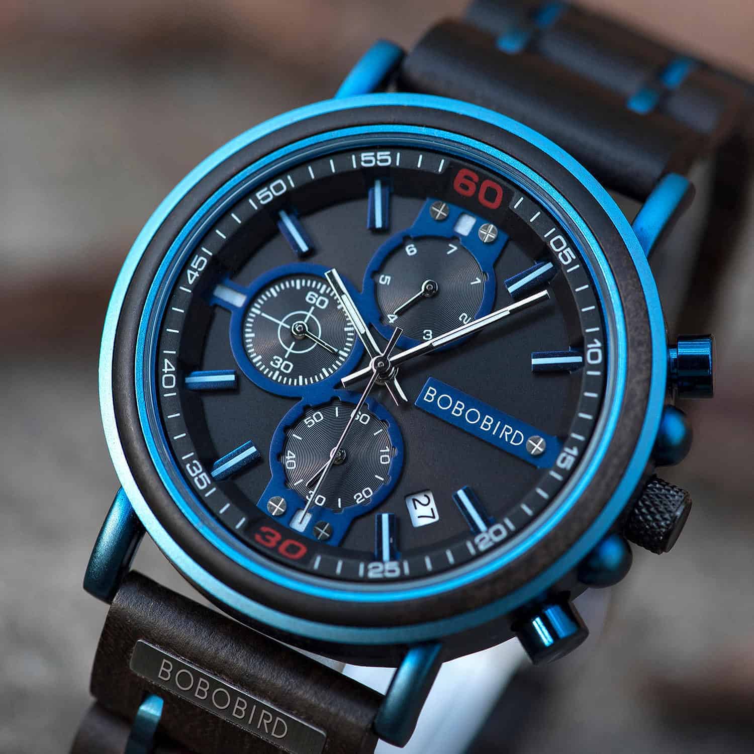 Orologio cronografo in legno blu 5