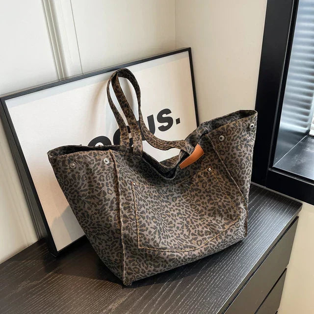 Oversized Canvas Schultertasche mit Leopardenmuster - Lila 6