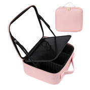 Astuccio cosmetico rosa con cerniera, divisori regolabili e manico. Ideale per trucco, viaggio, organizzazione prodotti di bellezza.