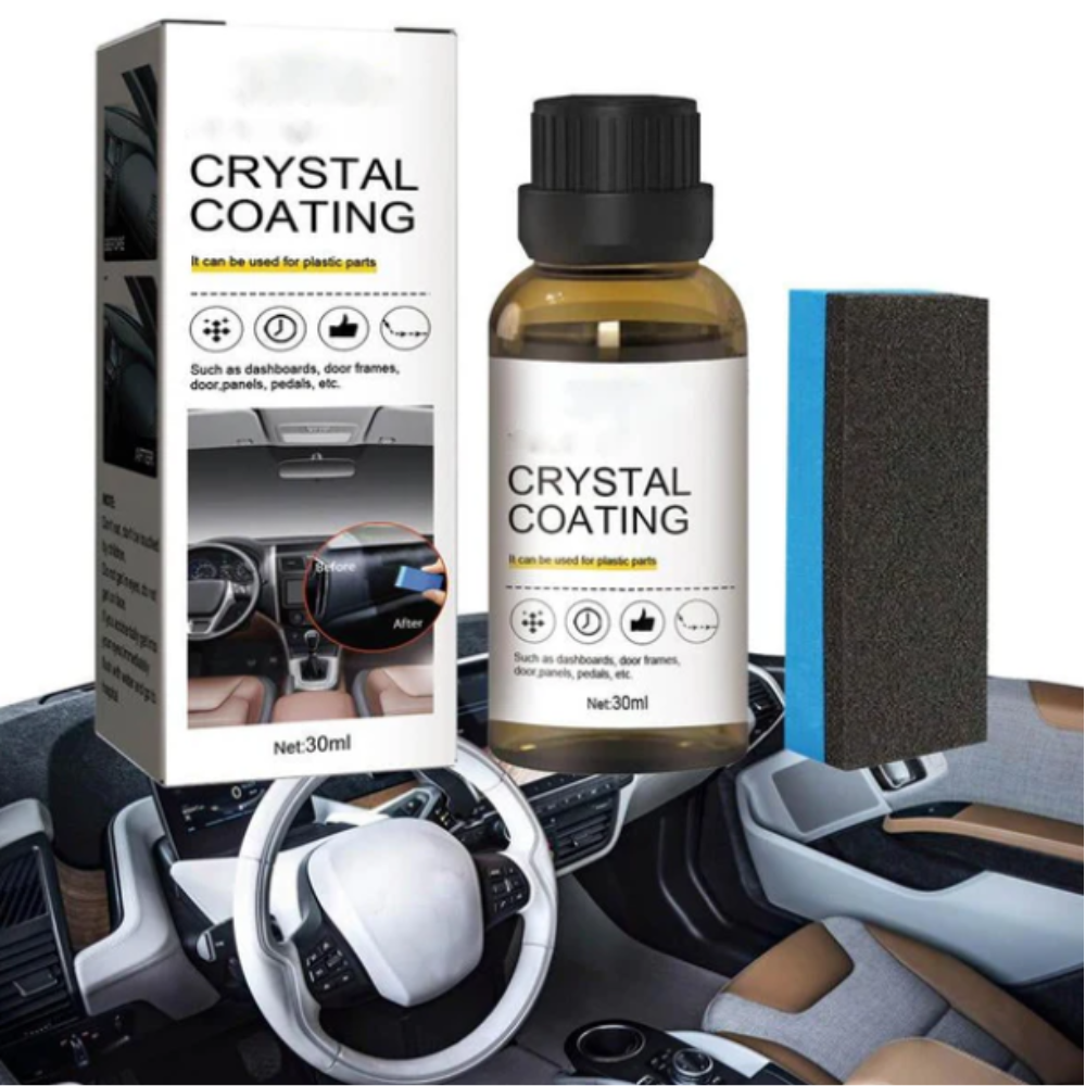 Bottiglia di rivestimento cristallino da 30ml con scatola e spugna, ideale per cruscotti auto, cornici porte e parti in plastica. Protezione e lucentezza.