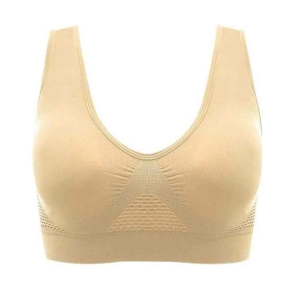 Reggiseno sportivo senza cuciture beige, design a V, supporto confortevole, tessuto traspirante, ideale per attività sportive e quotidiane.
