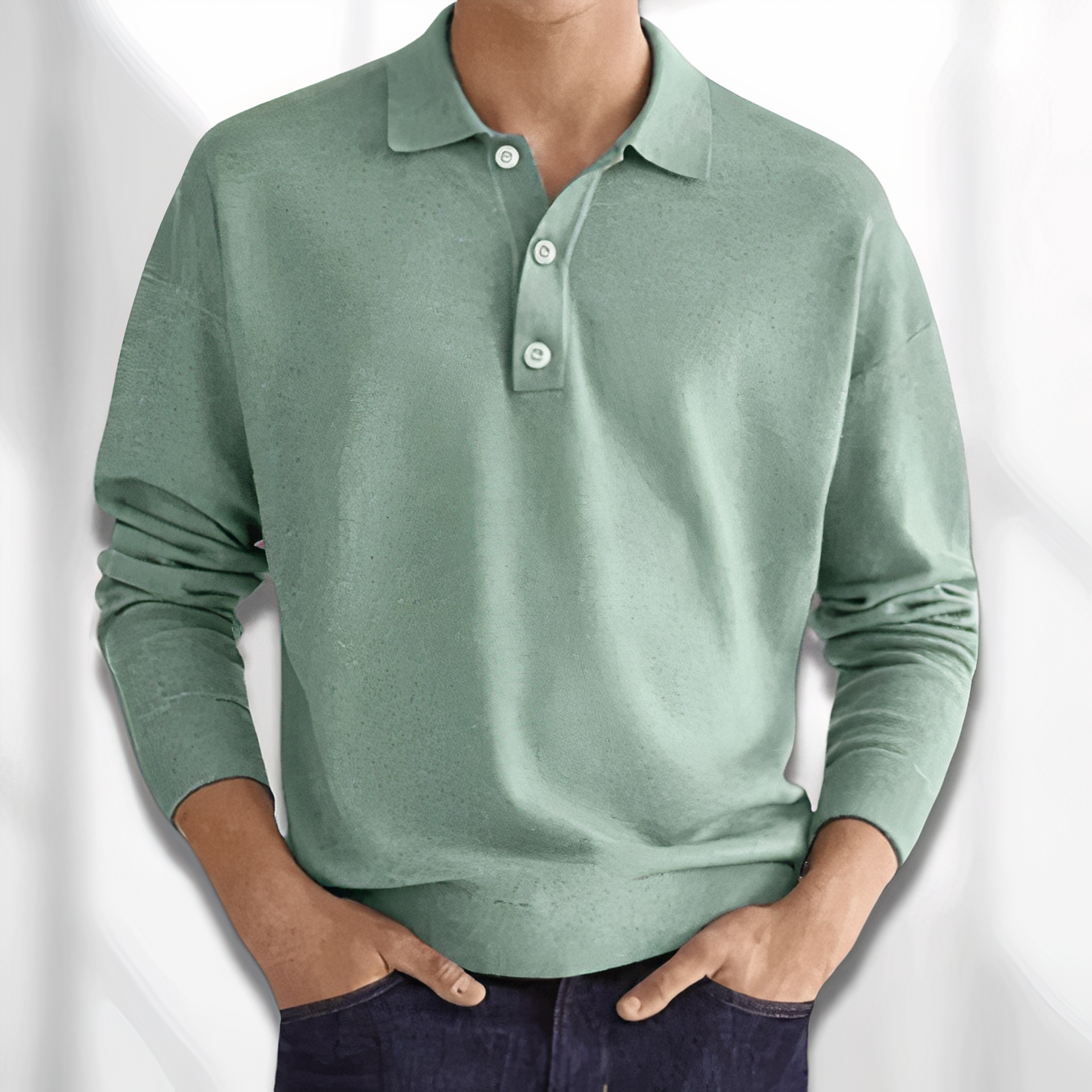 Maglione uomo verde menta, maniche lunghe, colletto polo, bottoni frontali, stile casual elegante, tessuto morbido, perfetto per autunno inverno.