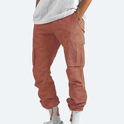 Pantaloni cargo uomo marroni, tasche multiple, stile casual, cotone, vestibilità comoda, perfetti per moda urbana e attività all'aperto.