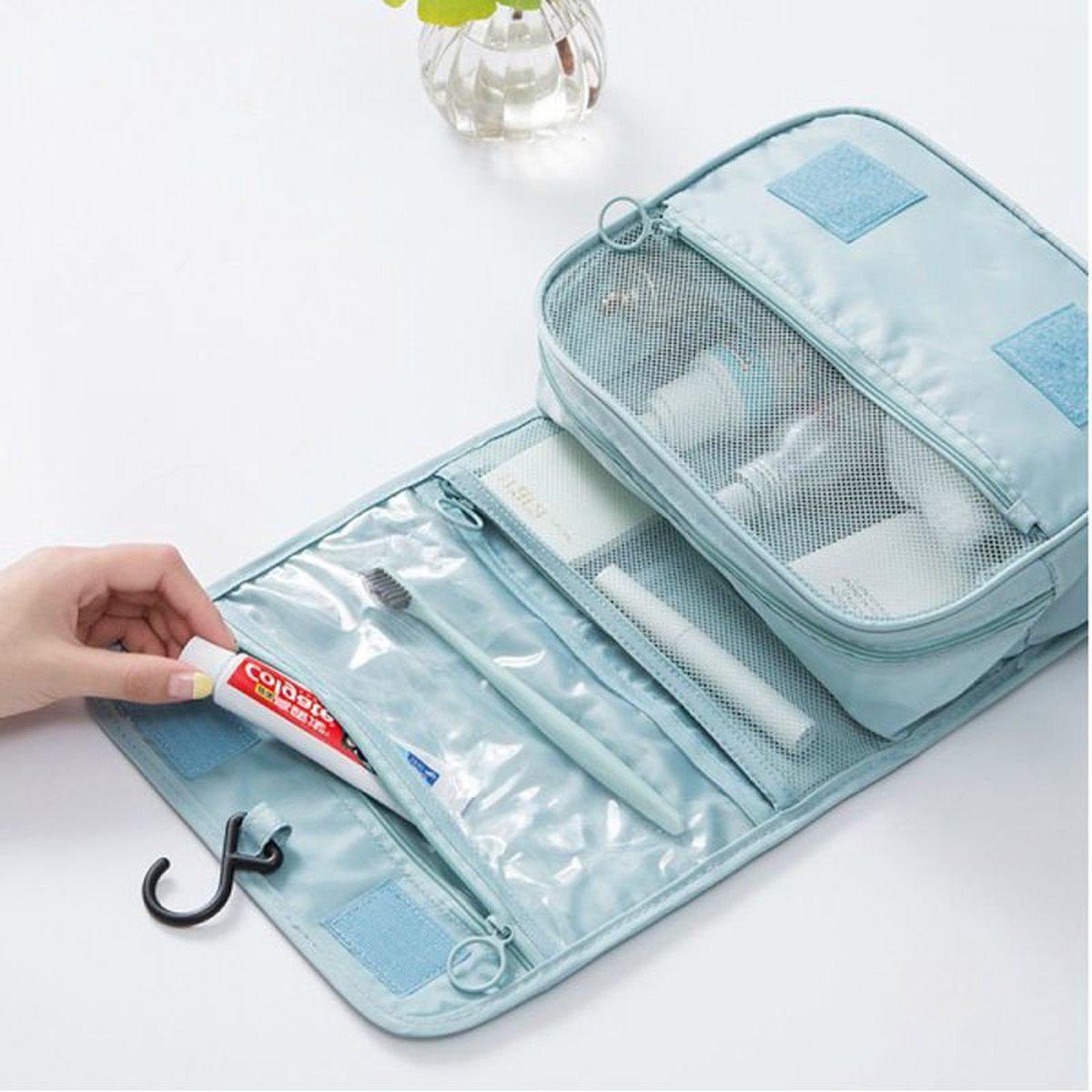 Astuccio da viaggio azzurro con gancio, scomparti trasparenti, spazzolino e dentifricio. Ideale per organizzare articoli da toeletta.