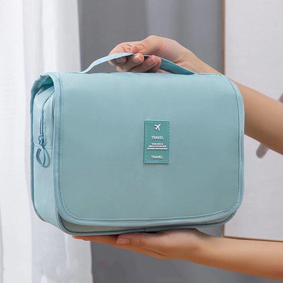 Borsa da viaggio azzurra con manico, chiusura a zip, ideale per organizzare accessori da bagno. Design compatto e portatile.