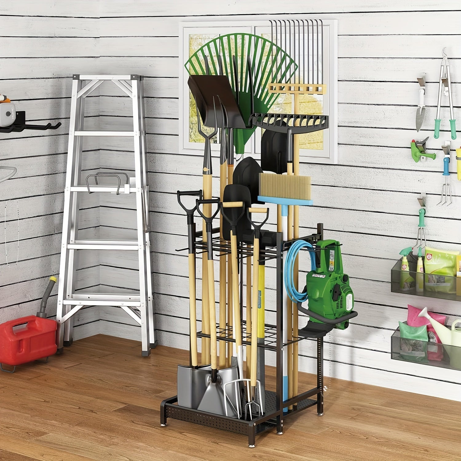 Robusto portaoggetti da giardino in metallo nero: robusto organizer per attrezzi, tubi e materiali, per mantenere gli spazi esterni in ordine 2