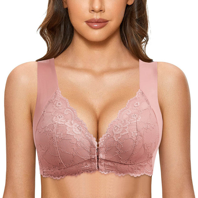 Reggiseno in pizzo rosa con spalline larghe, design senza cuciture, supporto confortevole, ideale per abbigliamento intimo femminile elegante.