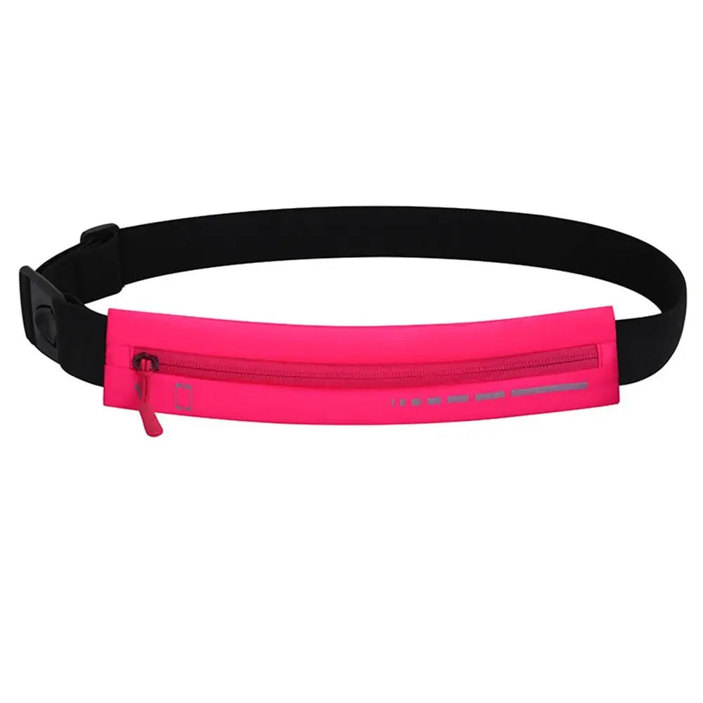 Marsupio sportivo rosa fluorescente con cintura nera regolabile, ideale per corsa e attività all'aperto. Tasche con zip per sicurezza e praticità.