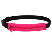 Marsupio sportivo rosa fluorescente con cintura nera regolabile, ideale per corsa e attività all'aperto. Tasche con zip per sicurezza e praticità.