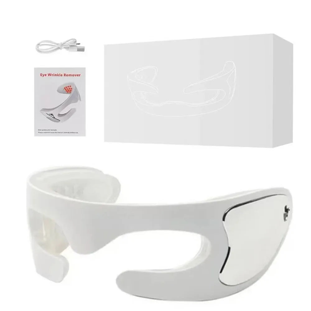 Occhiali massaggianti antirughe bianchi con confezione e cavo USB, dispositivo per ridurre le rughe intorno agli occhi, cura viso, bellezza.