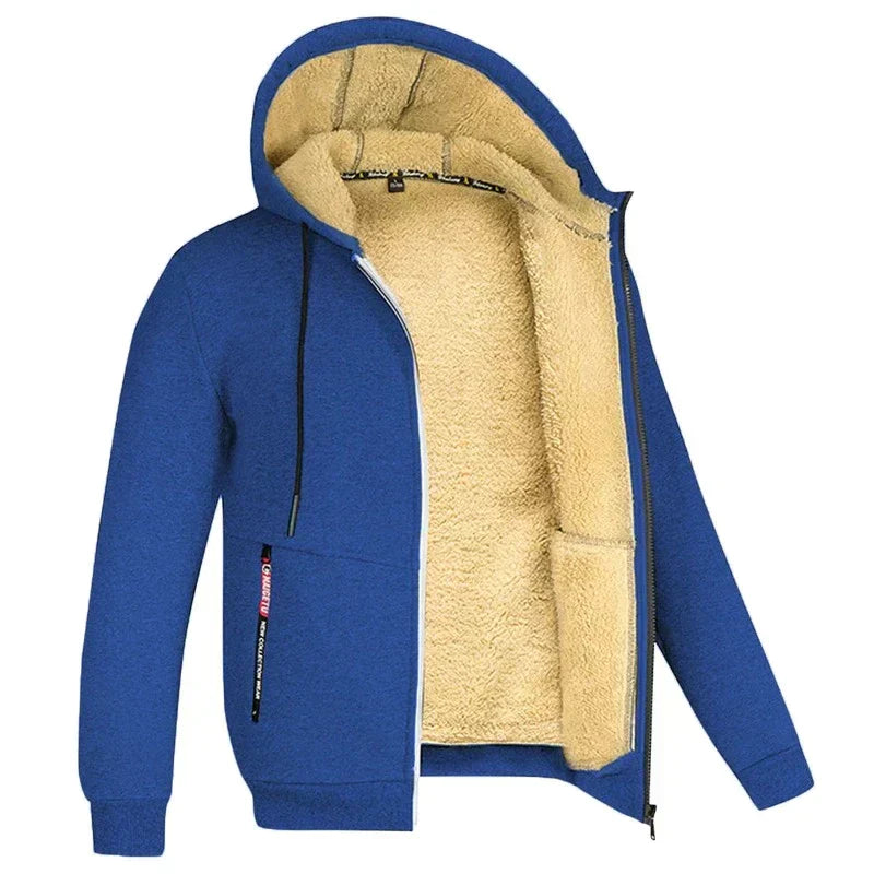 Giacca felpata blu con cappuccio, interno in pelliccia sintetica beige, zip frontale, tasche laterali con cerniera. Abbigliamento invernale caldo.