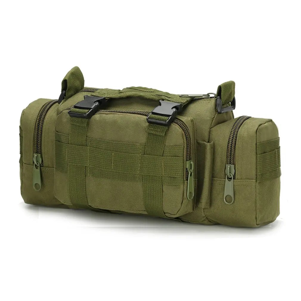 Borsa tattica verde militare con cerniere multiple, design compatto, ideale per escursioni e attività outdoor. Resistente e versatile.