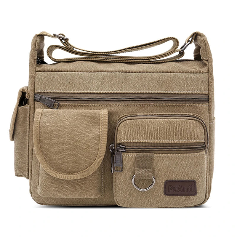 Borsa a tracolla in tela beige con tasche multiple e cerniere, design unisex, ideale per viaggi e uso quotidiano. Accessorio moda pratico e resistente.