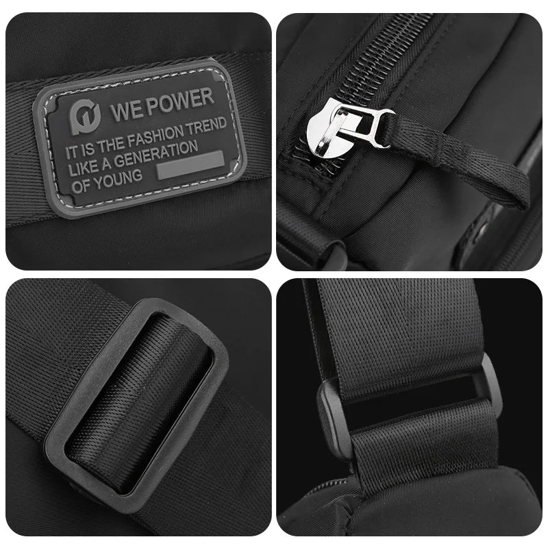 Zaino nero unisex con cerniera robusta, fibbie regolabili e etichetta "We Power". Design moderno, ideale per scuola e lavoro.