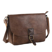 Borsa a tracolla in pelle marrone vintage, design elegante con chiusura a fibbia, ideale per uomo e donna, perfetta per lavoro e tempo libero.