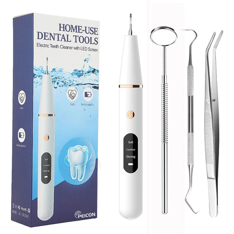 Kit strumenti dentali elettrici per uso domestico, include pulitore dentale con schermo LED e accessori in acciaio inox. Sicuro e ricaricabile.