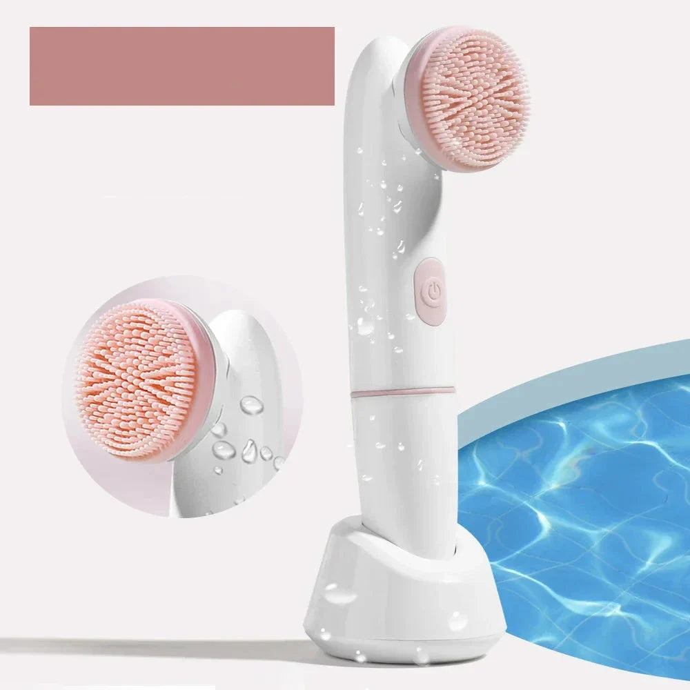 Spazzola elettrica per pulizia viso impermeabile, bianca e rosa, con base di ricarica. Ideale per esfoliazione e cura della pelle.