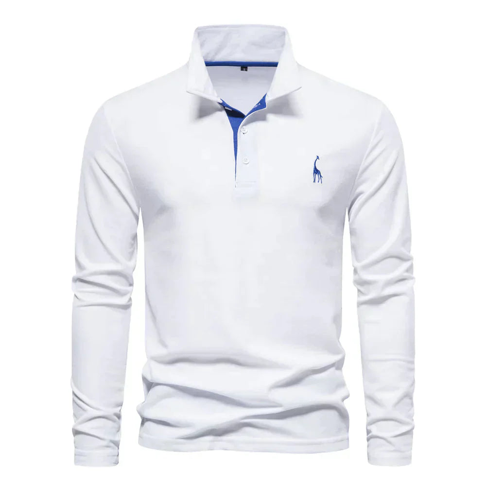Maglietta polo bianca a maniche lunghe con colletto, logo ricamato blu, stile casual elegante, ideale per uomo, moda autunno inverno.