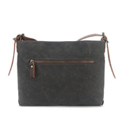 Borsa a tracolla in tela nera con cerniera frontale, design minimalista, dettagli in pelle marrone, ideale per uso quotidiano e casual.