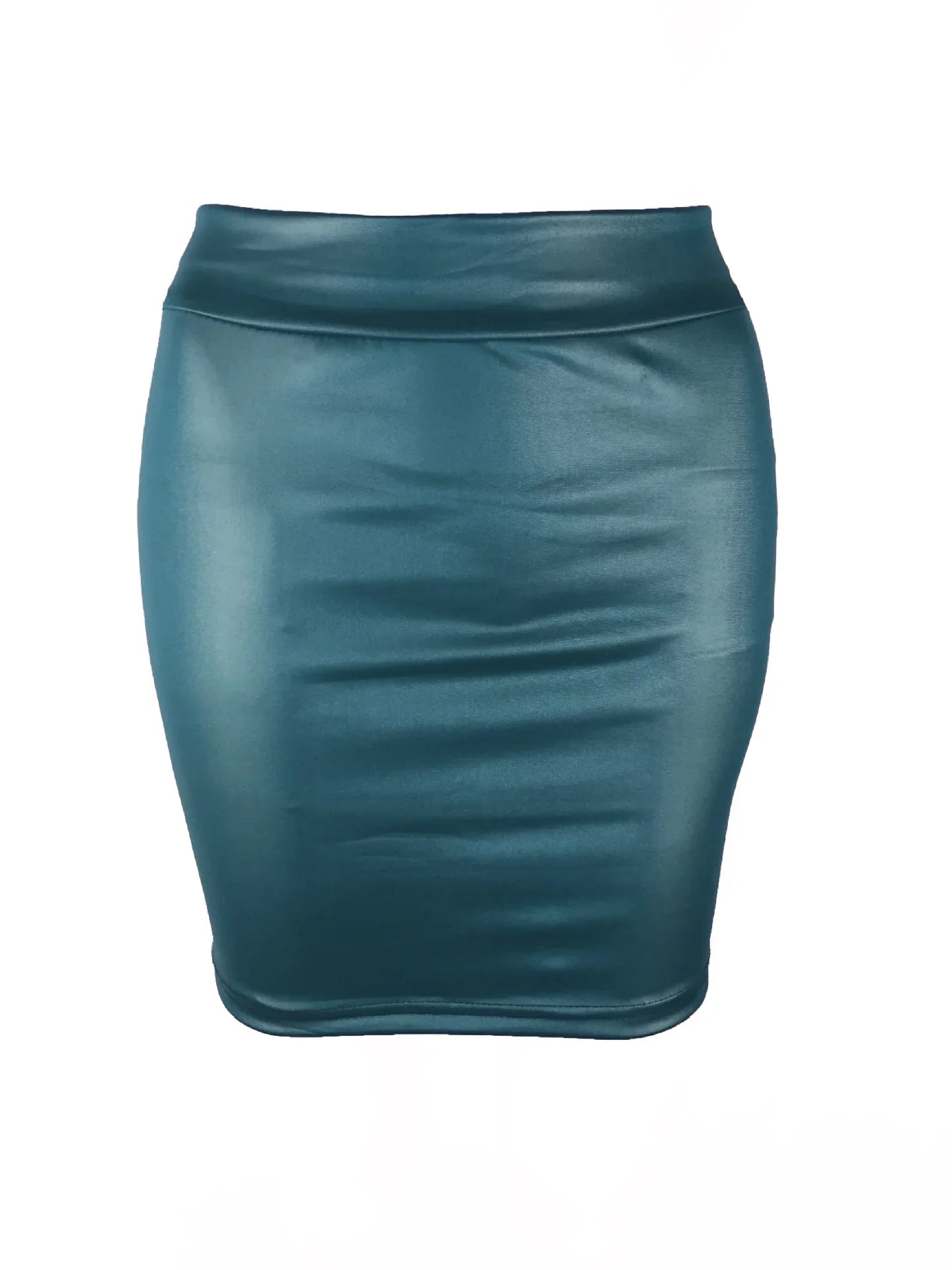 Gonna a tubino in ecopelle blu petrolio, design aderente, lunghezza al ginocchio, ideale per look eleganti e casual. Moda donna, abbigliamento trendy.