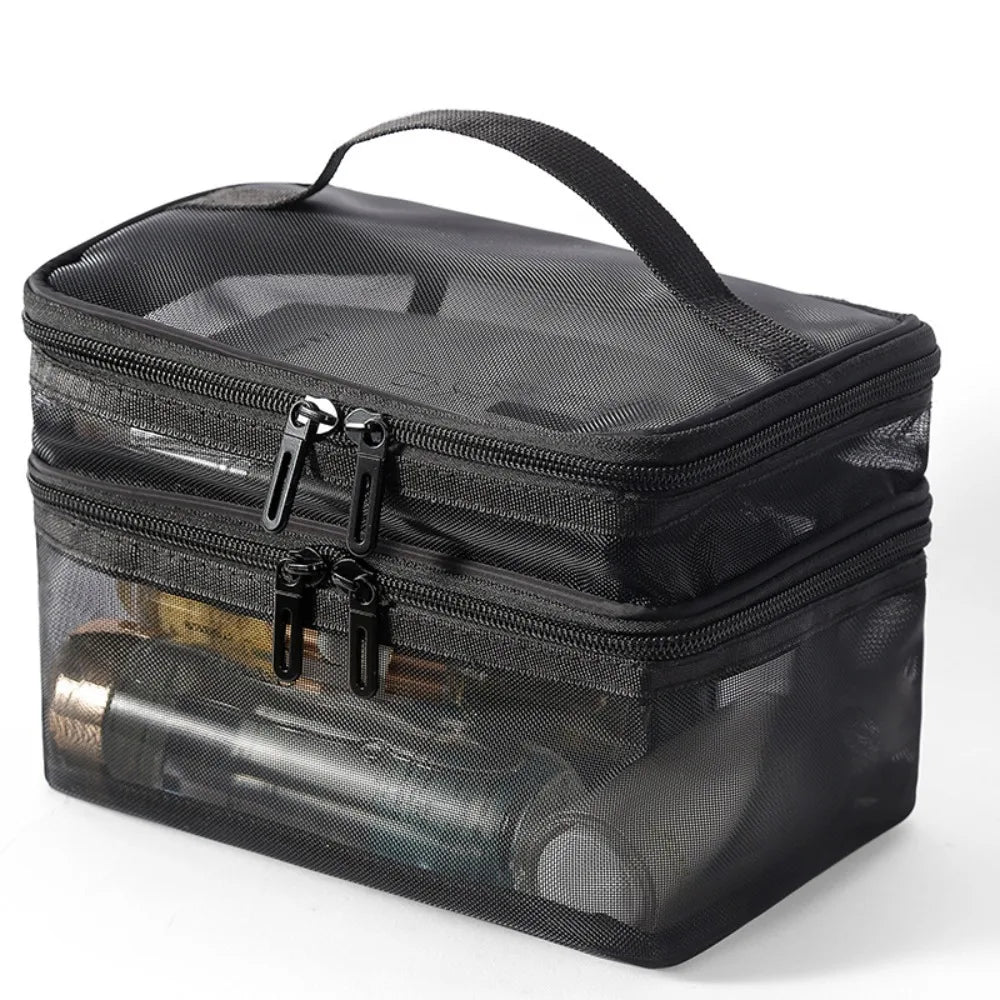 Borsa trasparente da viaggio in rete nera con doppia cerniera, ideale per cosmetici e articoli da toeletta. Design compatto e resistente.