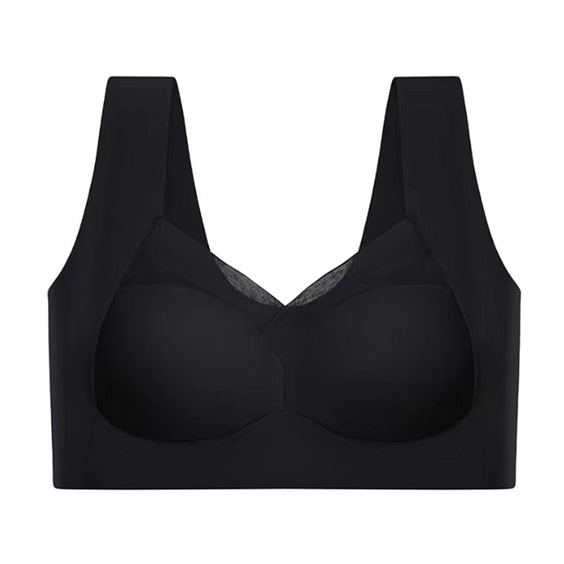 Reggiseno sportivo nero senza cuciture, design a spalline larghe, supporto confortevole, ideale per attività fisica e uso quotidiano.