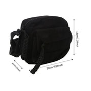 Zaino nero in velluto a coste, dimensioni 20x18x8 cm, con tasca frontale e cinghie intrecciate. Elegante e compatto, ideale per uso quotidiano.