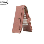 Portafoglio donna in pelle rosa con protezione RFID, design elegante, chiusura a zip, scomparti per carte di credito, ideale per sicurezza e stile.