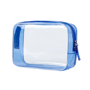 Astuccio trasparente in PVC blu con cerniera, ideale per viaggi, articoli da toeletta, accessori. Design compatto e resistente all'acqua.