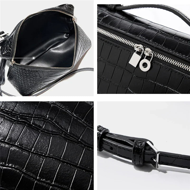 Borsa a tracolla nera in pelle effetto coccodrillo, con zip argentata e dettagli interni spaziosi. Cinturino regolabile. Elegante e versatile.
