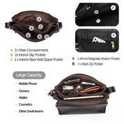 Borsa a tracolla nera in pelle con 3 scomparti principali, tasche interne, tasca frontale magnetica e tasca posteriore con zip. Ampia capacità per telefono, fotocamera e cosmetici.