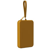 Custodia rigida gialla con cerniera e cinturino, design elegante e compatto, ideale per protezione dispositivi elettronici. Accessorio moda pratico.