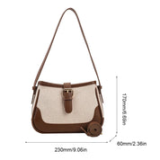Borsa a tracolla donna in pelle marrone e tessuto beige, dimensioni 230x170x60mm, con fibbia decorativa. Elegante accessorio moda femminile.