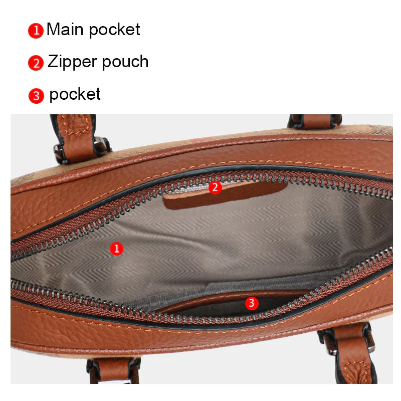 Borsa a tracolla in pelle marrone con tasca principale, scomparto con cerniera e tasca interna. Design elegante e funzionale per donna.