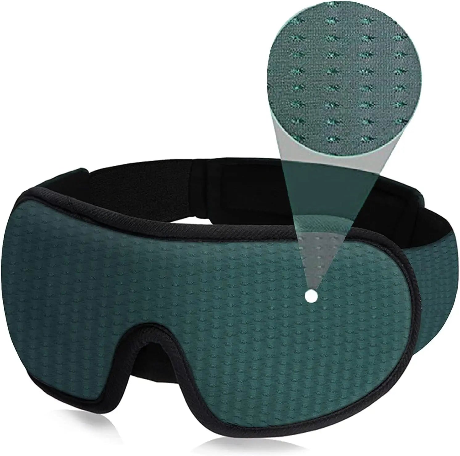 Maschera per dormire verde scuro, imbottita, con dettaglio tessuto traspirante. Accessorio per il sonno, comfort notturno, relax.